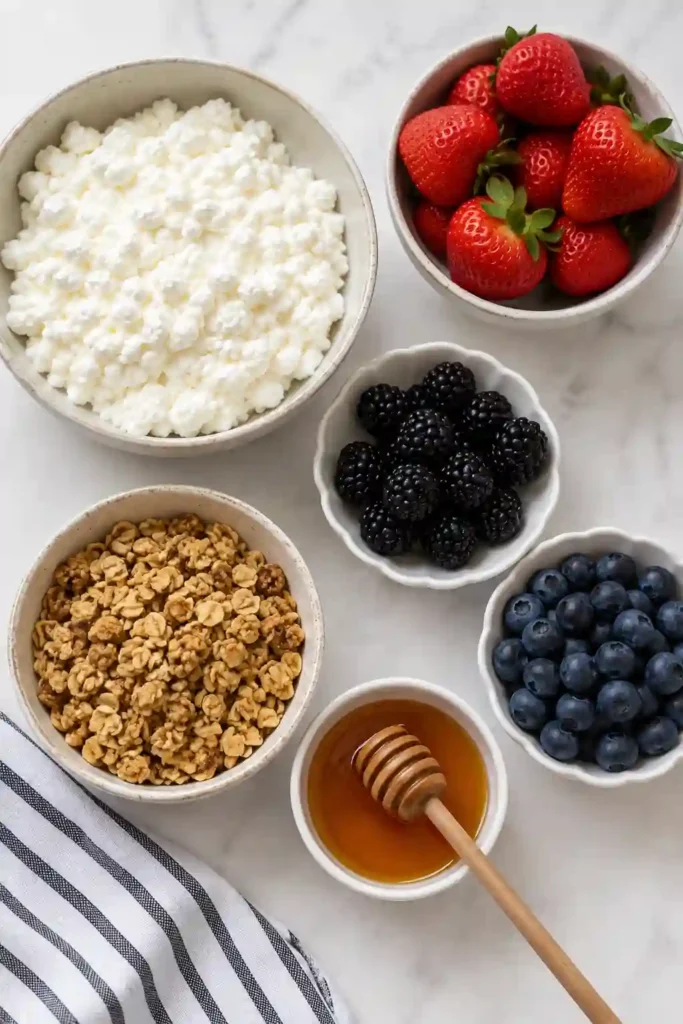 Healthy Cottage Cheese With Fruit Breakfast Bowls served with mixed berries, crunchy granola, and honey. A fresh, nutritious breakfast for meal prep or busy mornings.