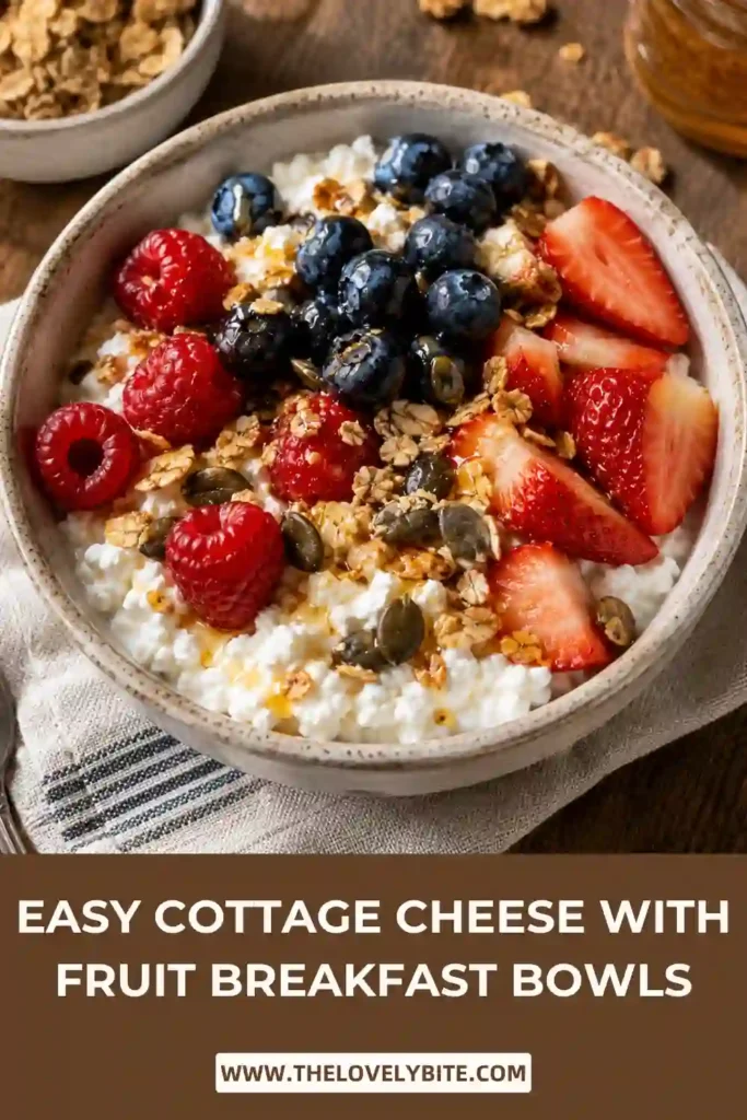 Creamy cottage cheese served with mixed berries, crunchy granola, and a drizzle of honey in a healthy breakfast bowl. A simple and satisfying high protein breakfast recipe.