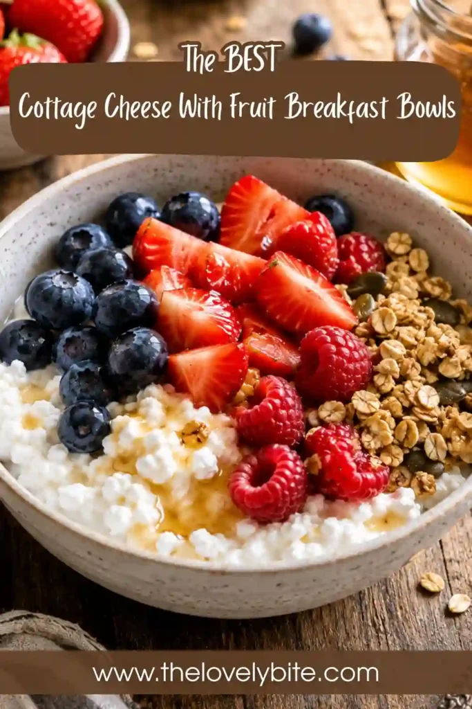 A colorful cottage cheese fruit bowl filled with strawberries, blueberries, blackberries, granola, and honey. This breakfast is rich in protein and ready in minutes.