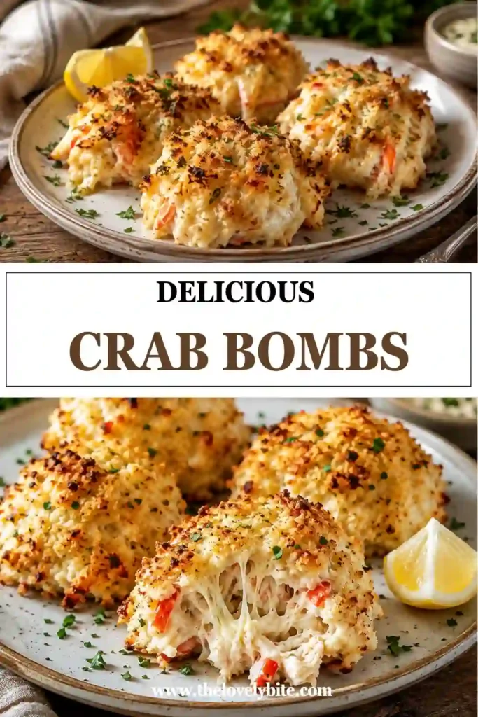 Freshly baked Crab Bombs made with lump crab meat and Old Bay seasoning sit on a serving platter with lemon wedges. The golden crust and tender seafood filling make this baked crab bombs recipe irresistible.