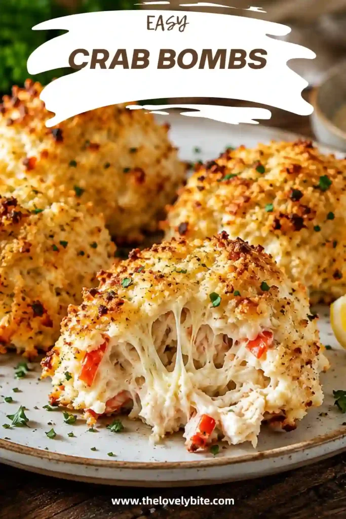 Homemade baked Crab Bombs arranged on a white serving plate with dipping sauce and fresh herbs. The seafood appetizer has a crisp exterior and tender crab filling.