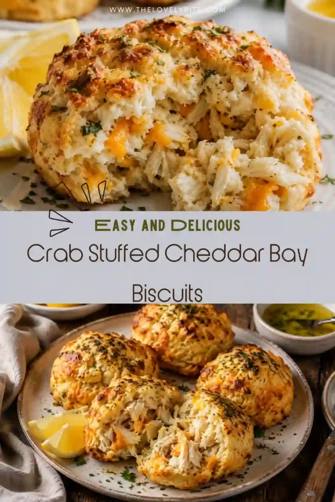 Crab Stuffed Cheddar Bay Biscuits brushed with melted lemon butter and served warm. The fluffy cheddar biscuit surrounds a savory crab and cheese center.