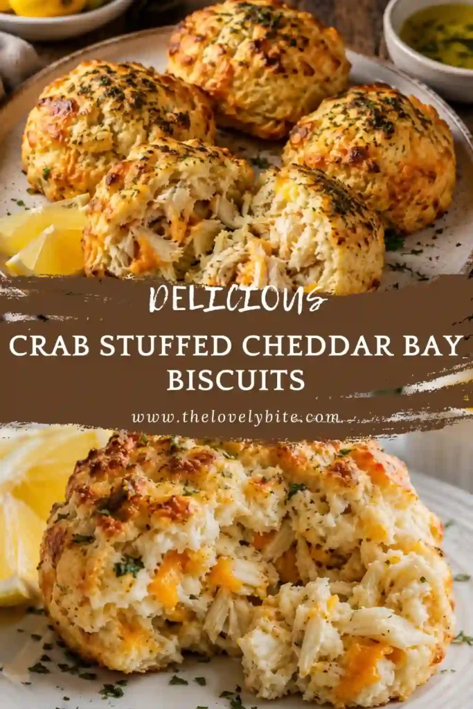 Golden cheddar garlic biscuits stuffed with seasoned lump crab and Parmesan. One biscuit is cut open to reveal the creamy seafood filling inside.