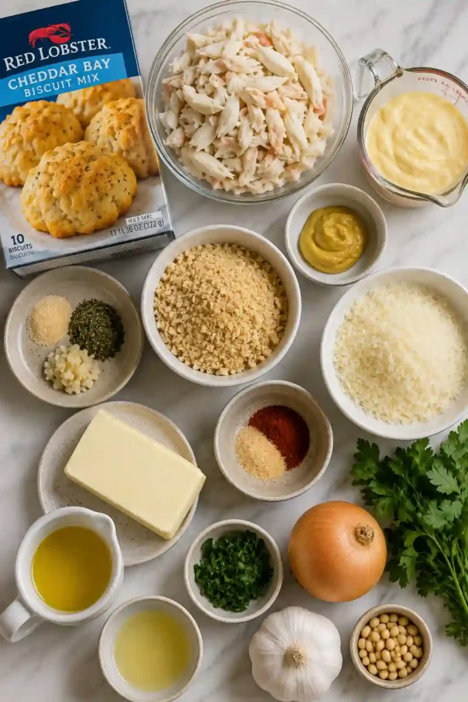 Homemade crab stuffed biscuits with crisp golden edges, cheddar cheese and creamy seafood filling. Lemon wedges and fresh herbs accompany the buttery biscuits.