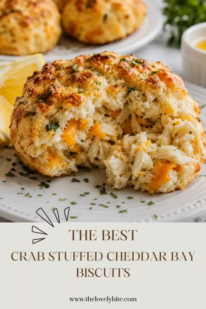 Crab Stuffed Cheddar Bay Biscuits with golden cheesy tops and a creamy lump crab filling. Fresh lemon butter and parsley finish the warm seafood biscuits.