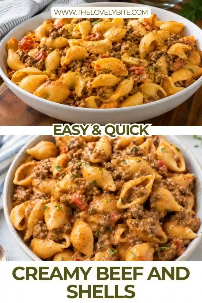 Creamy ground beef pasta made with shell pasta, savory beef, marinara, heavy cream, and melted cheddar. The shells are generously coated in a thick, creamy tomato sauce.