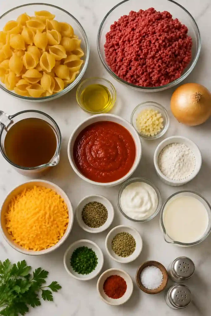Easy beef pasta recipe featuring medium shells and browned ground beef in a creamy, cheesy tomato sauce. Melted cheddar creates a rich coating around every pasta shell.