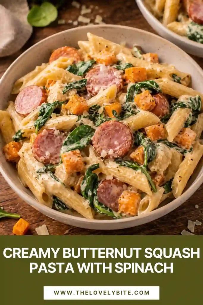 Butternut squash pasta with spinach and sliced beef sausage served in a rich, creamy Parmesan sauce. Roasted squash adds golden color and a tender caramelized texture.