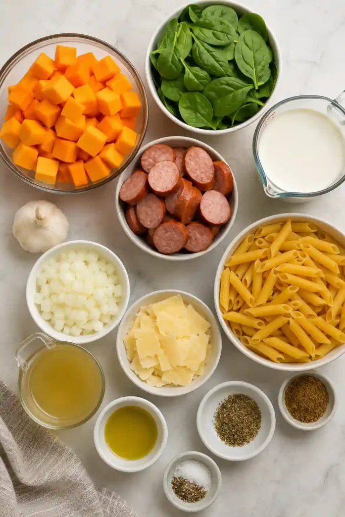 Easy Creamy Butternut Squash Pasta served with spinach, roasted squash, beef sausage, and Parmesan. A hearty and colorful pasta dinner for fall and winter.