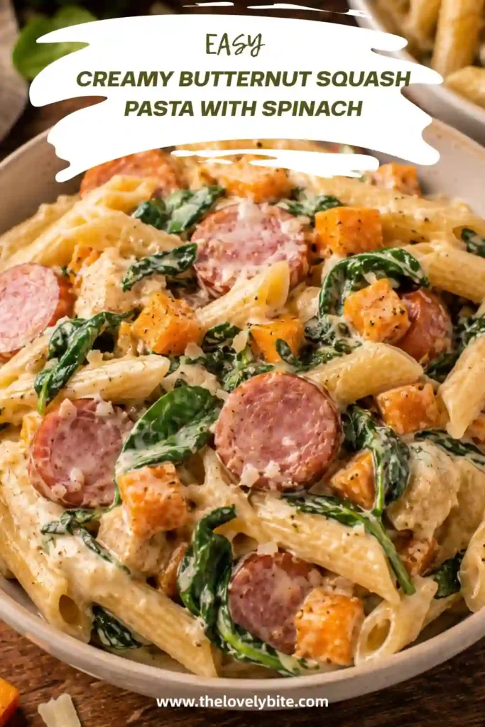 Easy Creamy Butternut Squash Pasta served with spinach, roasted squash, beef sausage, and Parmesan. A hearty and colorful pasta dinner for fall and winter.