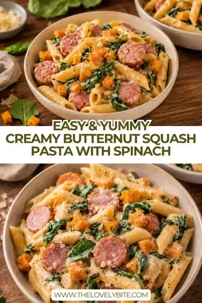 Creamy Butternut Squash Pasta with roasted squash, baby spinach, beef sausage, and penne coated in Parmesan cream sauce. A cozy fall pasta dinner with sweet and savory flavors.