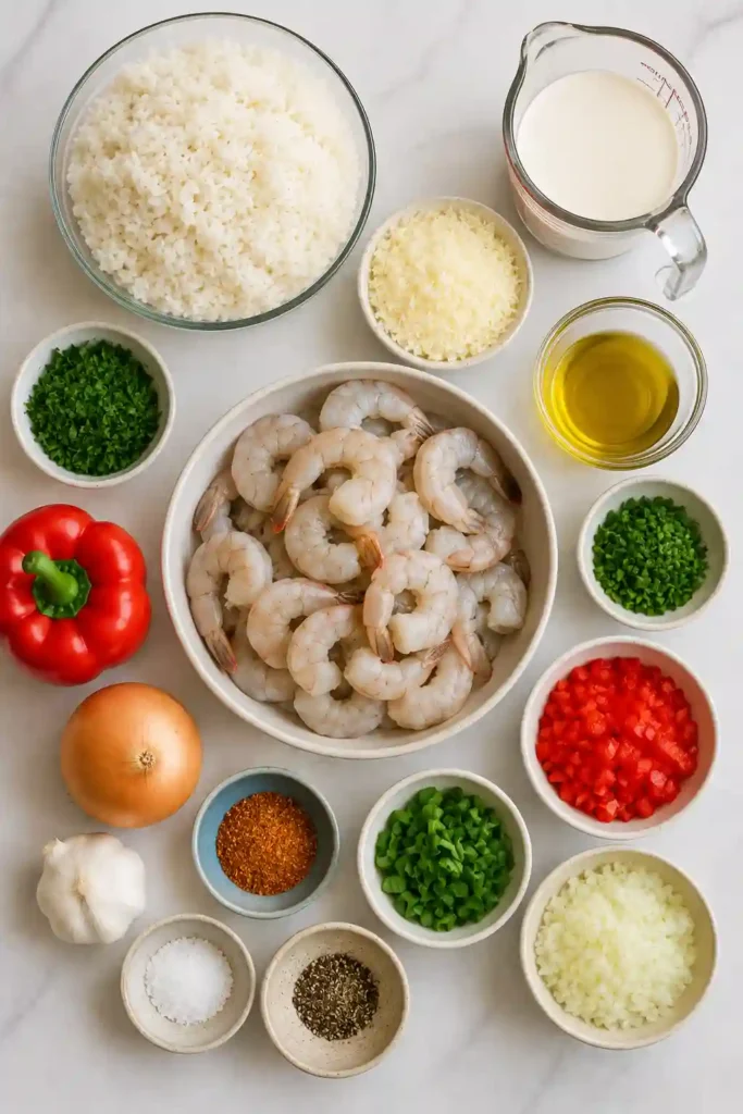 Creamy shrimp and rice featuring seared Cajun shrimp in a velvety Parmesan sauce. The finished dish is served over fluffy rice with fresh green herbs and extra Parmesan.