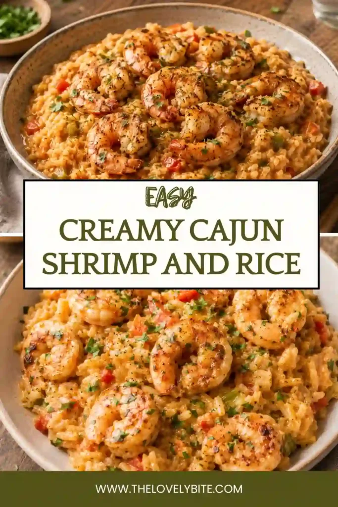 A bowl of Creamy Cajun Shrimp and Rice topped with tender Cajun shrimp, Parmesan sauce, parsley, and chives. Fluffy white rice balances the rich and savory sauce.