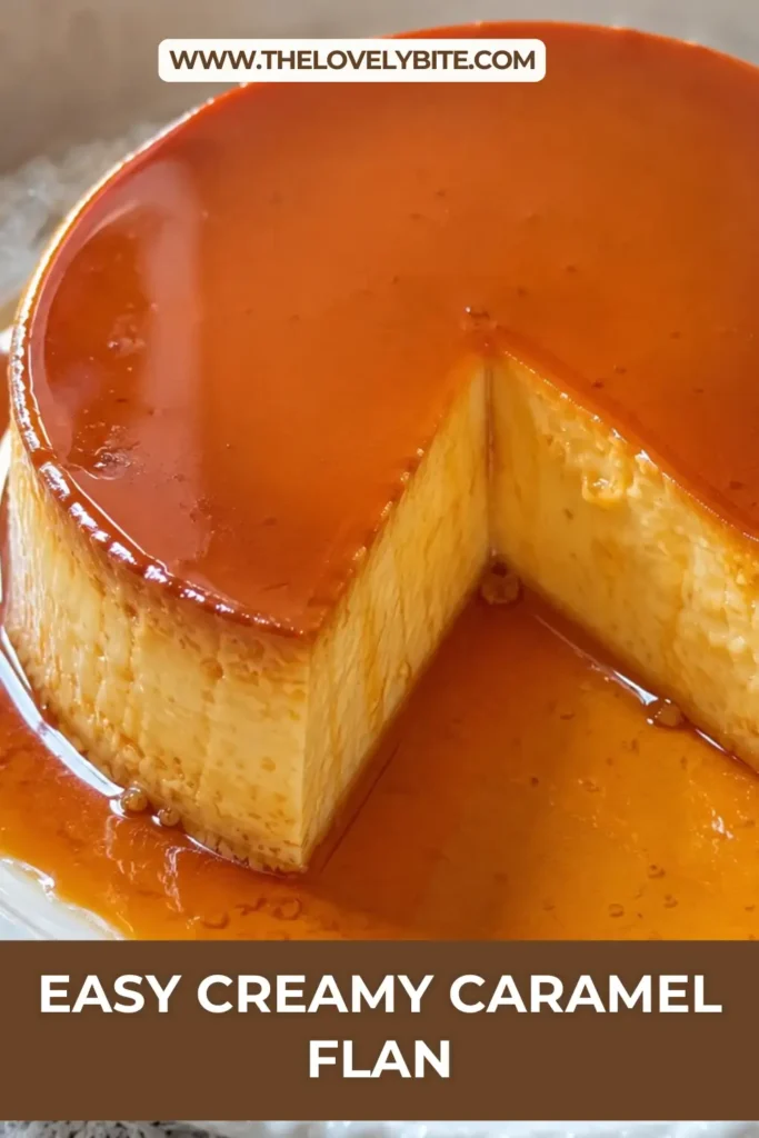 A slice of Creamy Caramel Flan showing its smooth cream cheese custard and caramel topping. The dessert is served chilled with caramel sauce pooling around the slice.