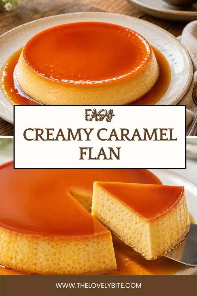 Homemade Creamy Caramel Flan displayed on a dessert plate with golden caramel sauce around the base. The flan has a smooth, firm custard center and glossy finish.