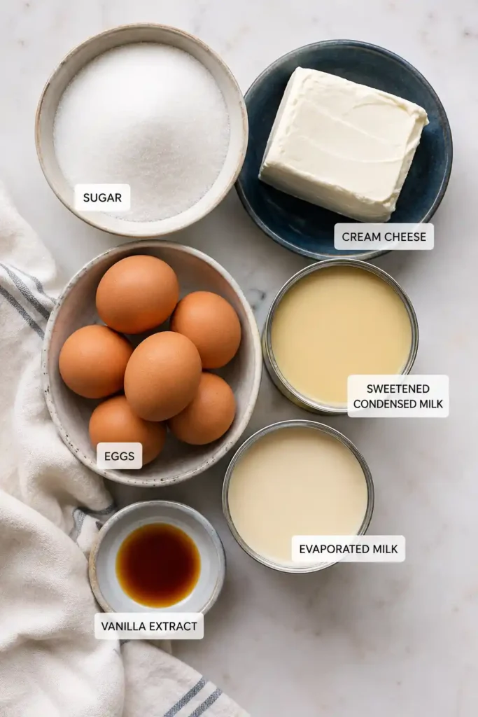 Creamy Caramel Flan served on a white platter with glossy golden caramel flowing over the smooth custard. The chilled flan has a silky texture and rich vanilla color.