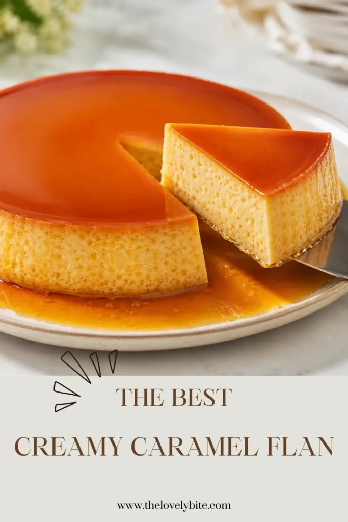 Creamy Caramel Flan photographed whole on a serving platter with caramel sauce cascading over the sides. The golden dessert has a smooth, silky custard appearance.