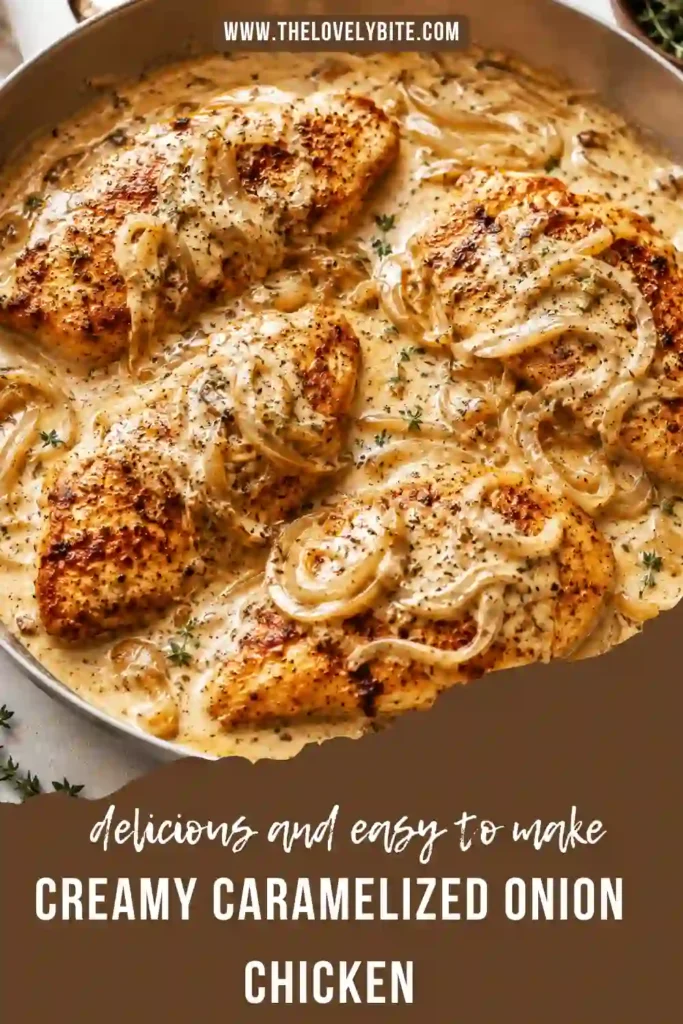 Creamy Caramelized Onion Chicken served in a skillet with tender chicken breasts covered in a rich cream sauce. Golden caramelized onions and Parmesan create a savory, comforting finish.