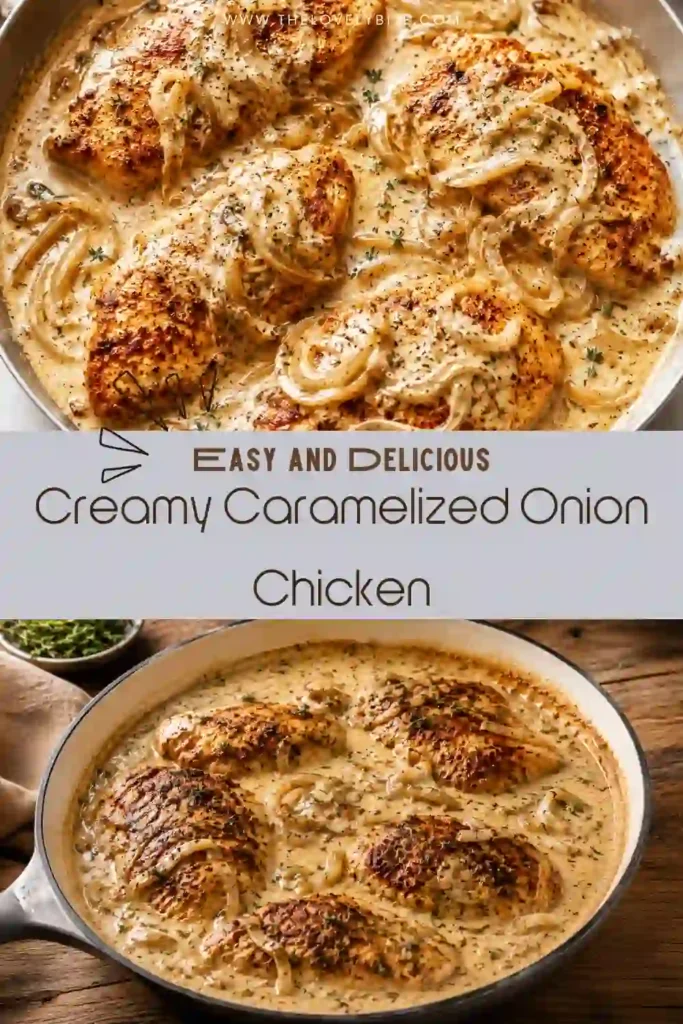 Creamy chicken breast topped with caramelized onions and Parmesan in a skillet. The rich onion cream sauce coats the chicken for a comforting weeknight dinner.