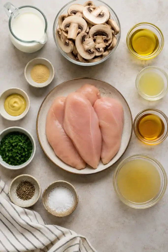 Close-up of creamy chicken marsala with golden chicken, sliced mushrooms, and a smooth homemade cream sauce. This easy mushroom chicken recipe makes a comforting weeknight meal.