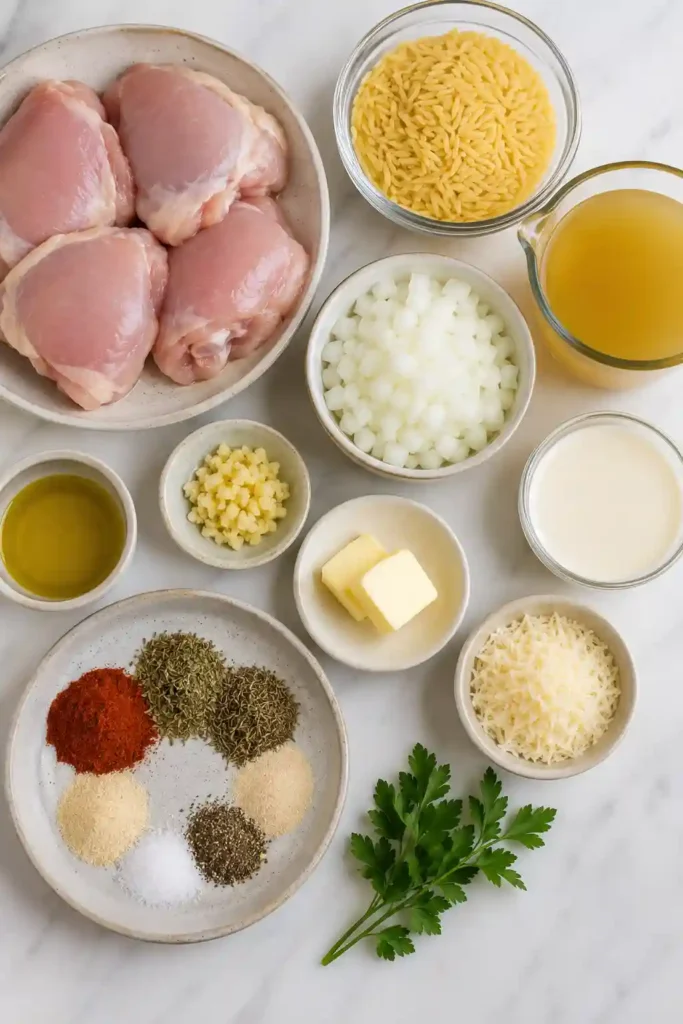 A skillet filled with creamy chicken and orzo featuring golden-brown chicken thighs nestled in rich parmesan orzo. Fresh parsley adds color to this comforting one-pan dinner recipe.