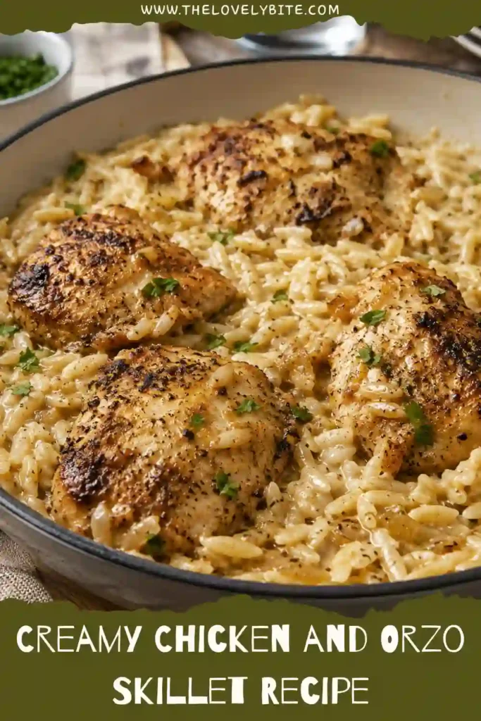 Creamy Chicken and Orzo Skillet served fresh from the pan with parmesan cheese and parsley garnish. The golden chicken pairs perfectly with the silky orzo.