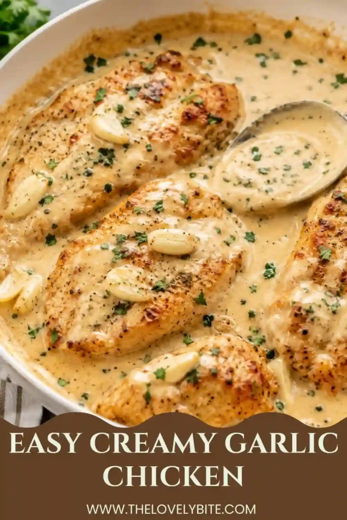 Creamy Garlic Chicken featuring golden-brown chicken breasts in a flavorful garlic cream sauce. The easy skillet chicken has a thick, glossy sauce that makes it ideal for serving with pasta, rice, or mashed potatoes.