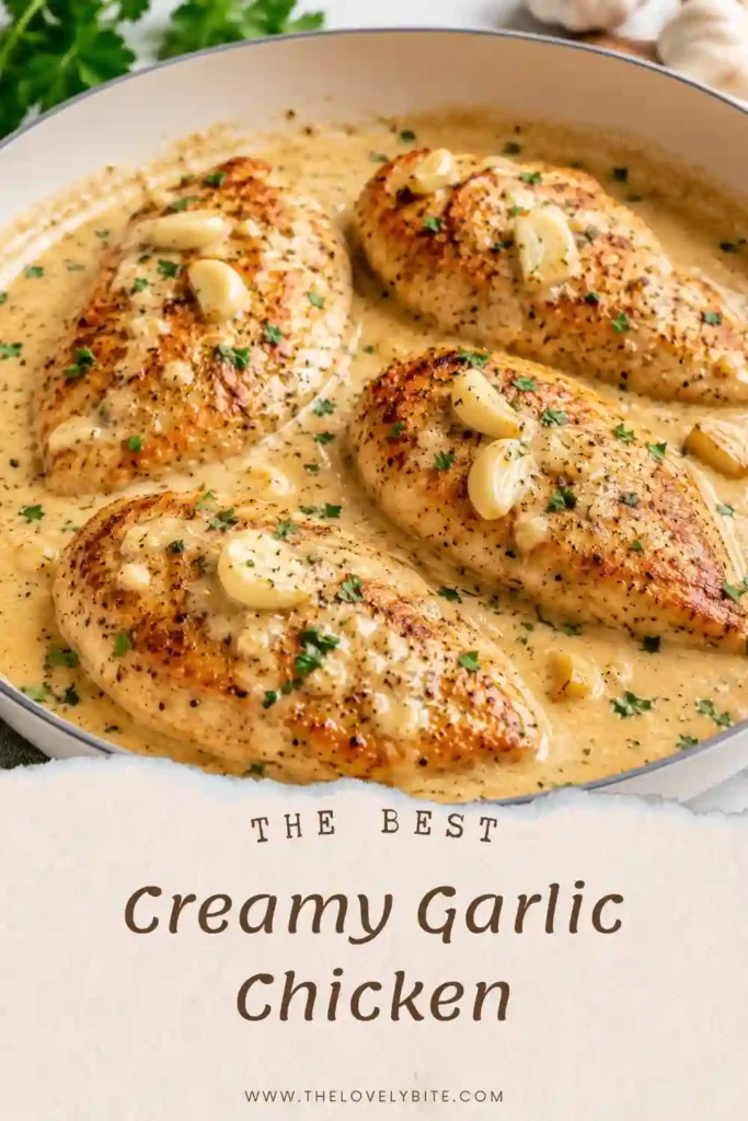Homemade Creamy Garlic Chicken served warm with tender chicken breasts and a luscious garlic cream sauce. Fresh parsley adds a bright finishing touch to the creamy skillet chicken.