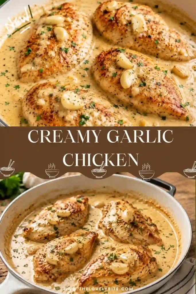 Close-up of Creamy Garlic Chicken with golden chicken cutlets surrounded by a thick garlic cream sauce. The skillet chicken has a rich, savory appearance with fragrant garlic throughout the sauce.