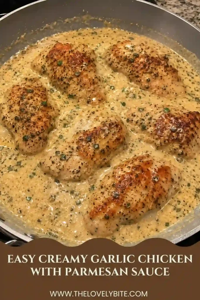 Homemade creamy garlic chicken served with a rich Parmesan cream sauce and caramelized garlic. The tender chicken breast has a lightly golden crust and is garnished with fresh parsley.