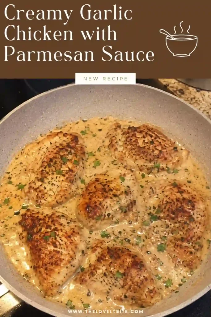 Creamy garlic chicken skillet featuring golden chicken breast, whole garlic cloves, Parmesan cream sauce, and fresh parsley. The dish has a rich, smooth sauce perfect for an easy family dinner