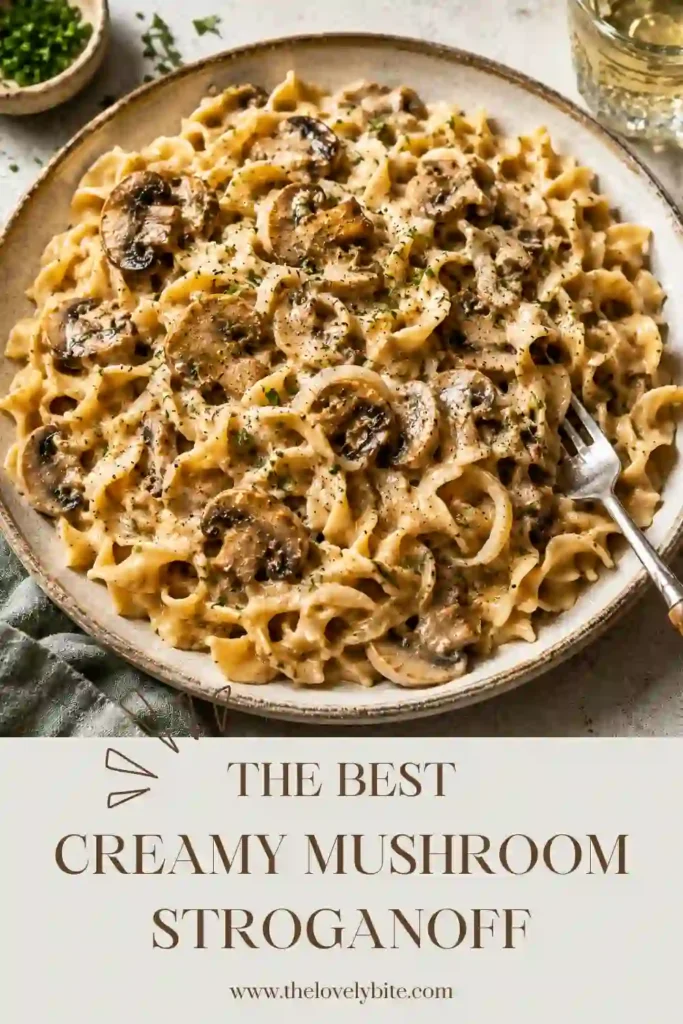 Rich and creamy mushroom stroganoff served warm with parsley and thyme. A satisfying meatless comfort food that's easy enough for weeknight dinners.