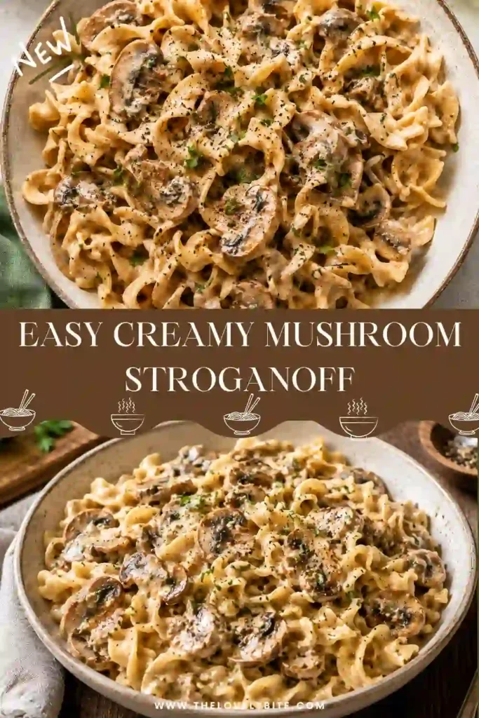 A bowl of Creamy Mushroom Stroganoff made with mixed mushrooms, egg noodles, and a rich sour cream sauce. Fresh parsley and thyme add color and flavor to this comforting vegetarian dinner.