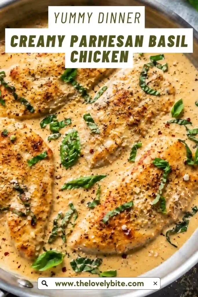 Garlic Parmesan chicken with pan-seared chicken breasts in a creamy sauce made with Parmesan, heavy cream, garlic, and basil. Roasted red peppers add a colorful finish.