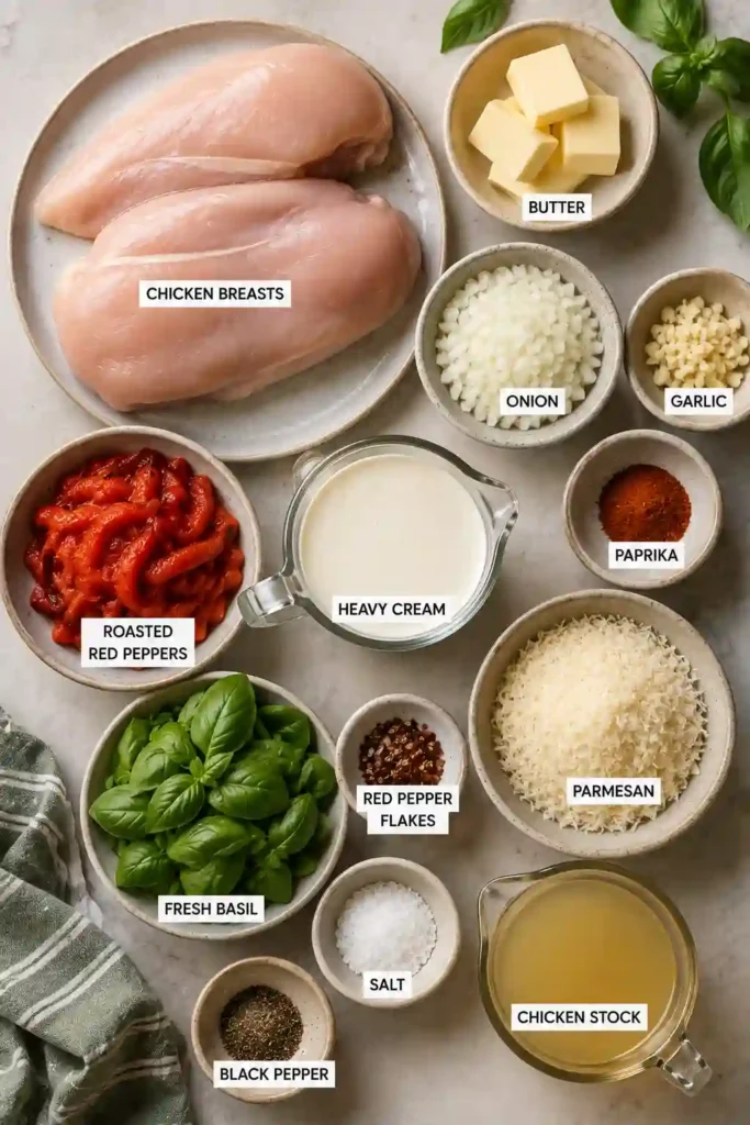 Creamy Parmesan chicken topped with fresh basil and surrounded by rich garlic cream sauce and roasted red peppers. This easy creamy chicken recipe is prepared in one skillet.