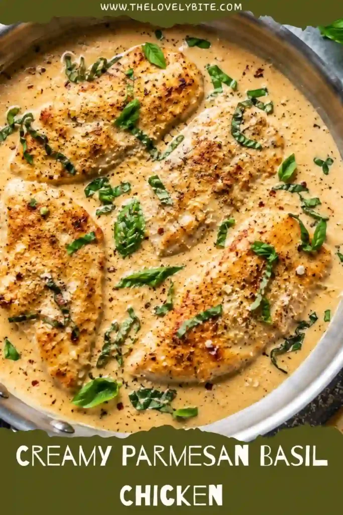 Creamy Parmesan Basil Chicken recipe featuring golden chicken breasts covered in a rich Parmesan cream sauce. Fresh basil and roasted red peppers add color and fresh flavor to the skillet dinner.