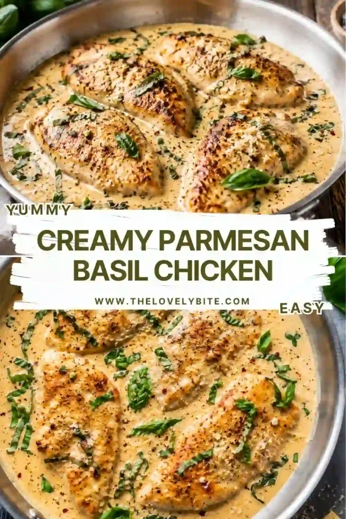 Creamy basil chicken served in a skillet with tender chicken, garlic Parmesan sauce, roasted red peppers, and fresh basil. The thick, silky cream sauce coats each piece of golden chicken.