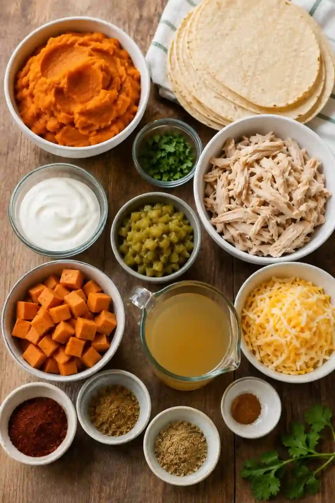 Easy enchilada recipe featuring creamy pumpkin sauce, shredded chicken, sweet potato, green chilies, and melted cheese. The baked pumpkin chicken enchiladas are garnished with fresh cilantro.
