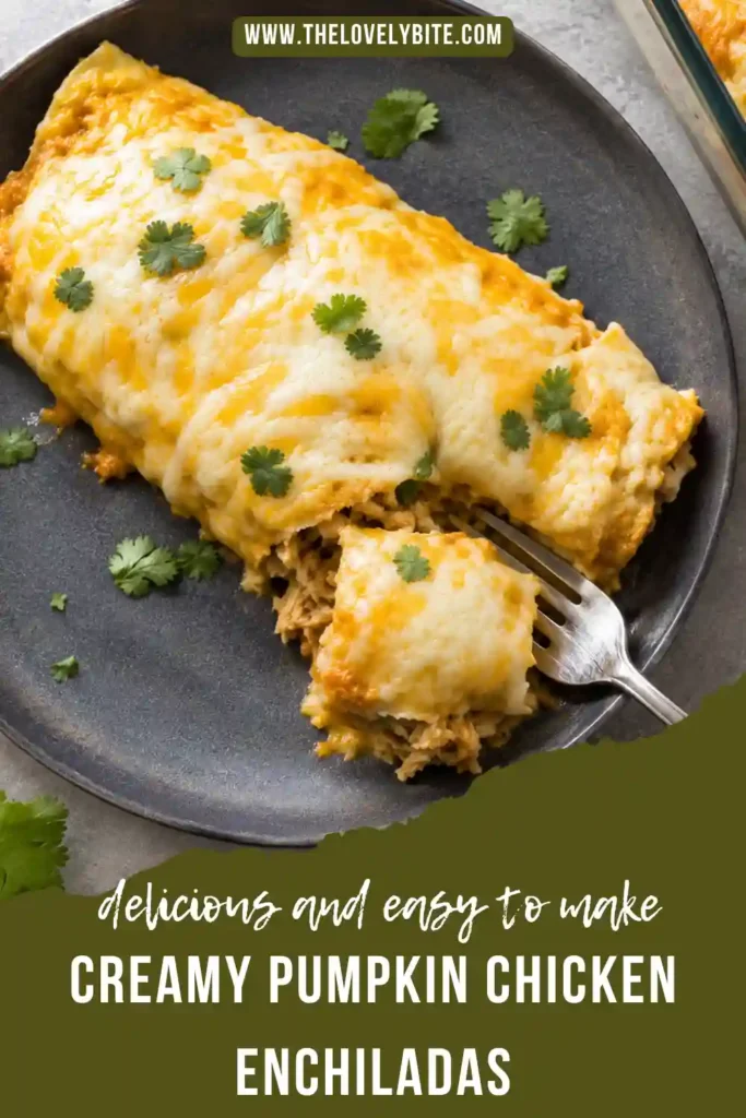 Homemade pumpkin enchiladas topped with melted Mexican-style cheese and fresh cilantro. These chicken enchiladas feature a creamy pumpkin Greek yogurt sauce and a savory chicken filling.
