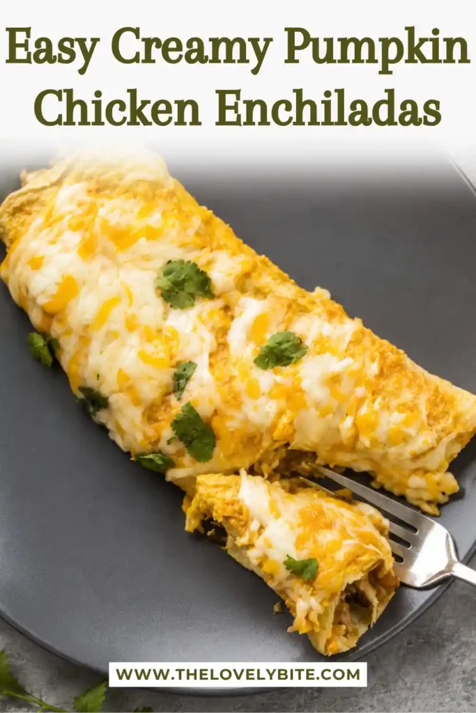 Healthy enchiladas made with shredded chicken, sweet potato, green chilies, corn tortillas, and creamy pumpkin sauce. The baked enchiladas are topped with golden melted cheese and cilantro.