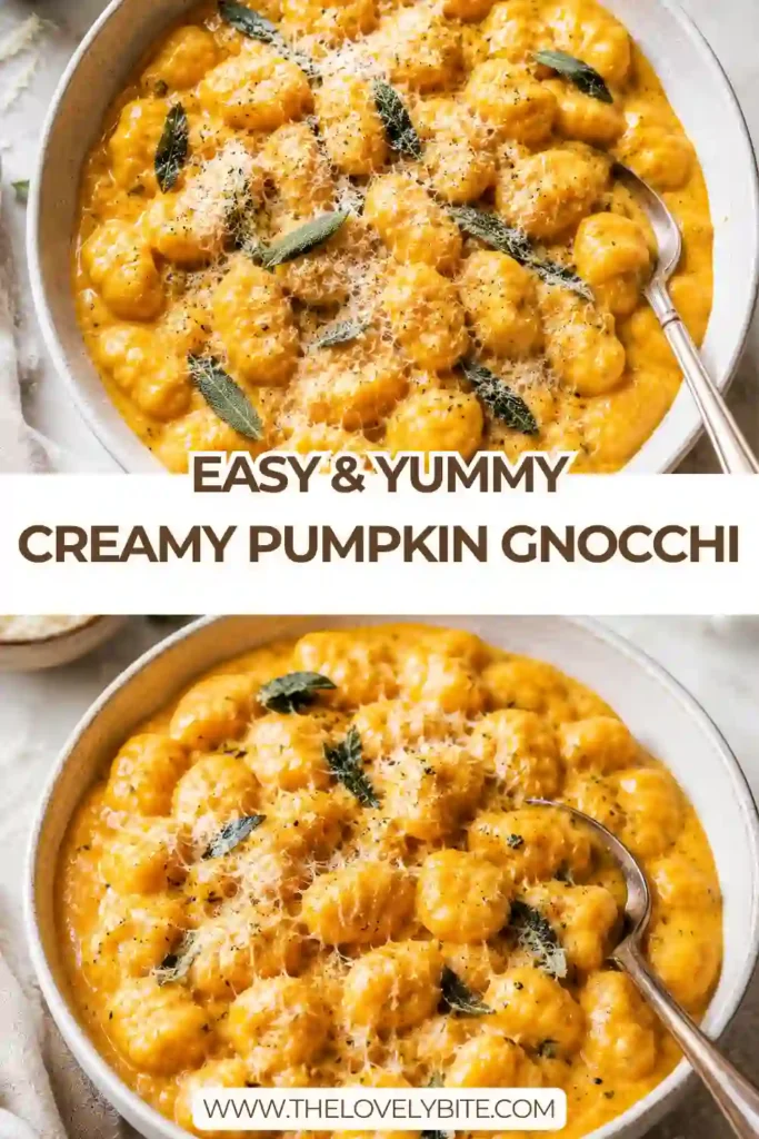 Creamy pumpkin gnocchi served hot in a skillet with Parmesan cheese and fresh sage. The golden pumpkin sauce coats each piece of tender gnocchi.