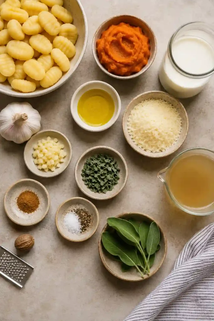 A skillet of creamy pumpkin gnocchi coated in a smooth orange pumpkin sauce with garlic and fresh sage. Grated Parmesan is sprinkled over the tender gnocchi for a cozy fall dinner.