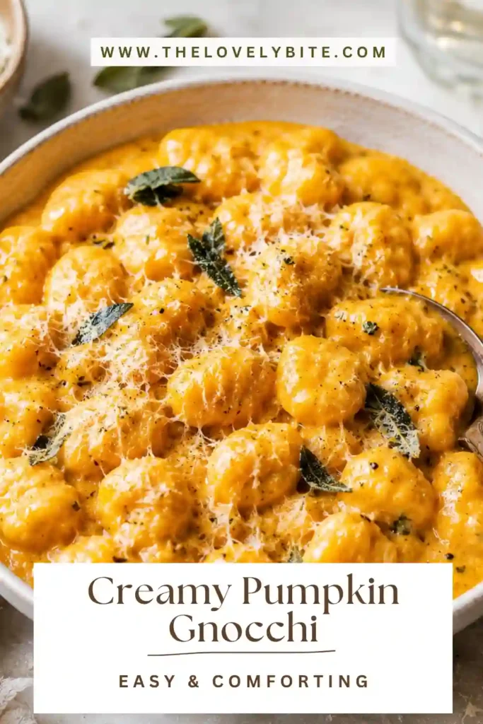 One-skillet creamy pumpkin gnocchi with fresh sage and Parmesan served as a cozy fall meal. The tender gnocchi are covered in a rich pumpkin sauce.