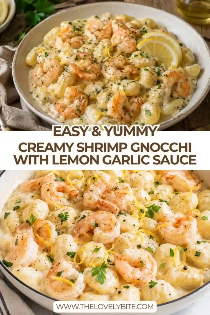 A skillet of creamy shrimp gnocchi with tender potato gnocchi and juicy shrimp coated in a lemon garlic cream sauce. Fresh parsley and lemon zest add bright color and flavor to the finished dish.