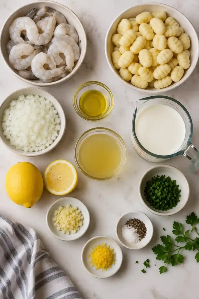 A close-up view of creamy shrimp gnocchi featuring tender shrimp, soft gnocchi, and a smooth lemon garlic cream sauce. Parsley and lemon zest bring a fresh contrast to the creamy dish.