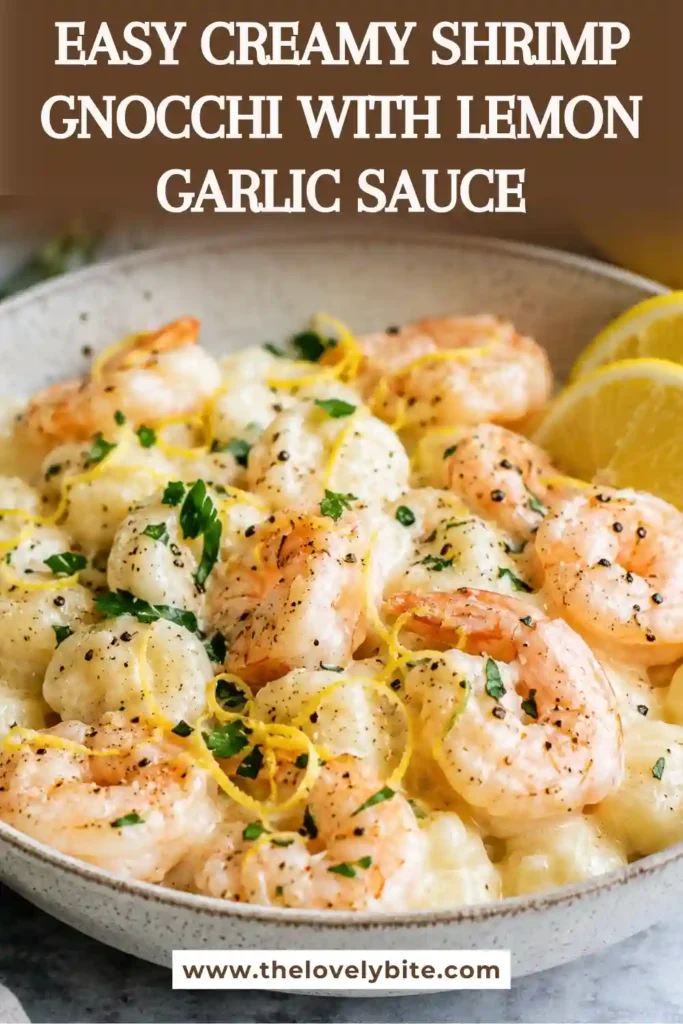 Creamy shrimp gnocchi served in a deep skillet with golden shrimp, soft gnocchi, and a rich lemon cream sauce. Fresh parsley and lemon zest garnish the dish for a fresh, colorful finish.