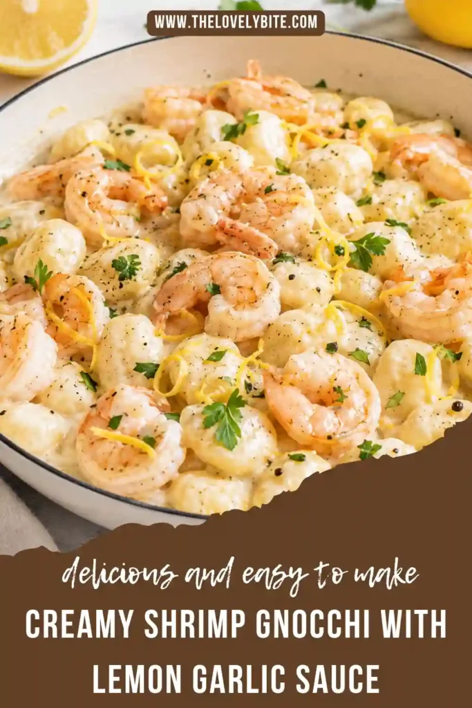 Homemade-style creamy shrimp gnocchi presented in a skillet with shrimp and gnocchi covered in a creamy garlic lemon sauce. Green parsley and fresh lemon zest finish this easy weeknight dinner
