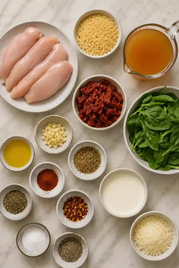 Homemade creamy sun dried tomato chicken orzo in a skillet, topped with Parmesan and herbs. Tender chicken and creamy orzo are combined with garlic, spinach, and flavorful sun-dried tomatoes.