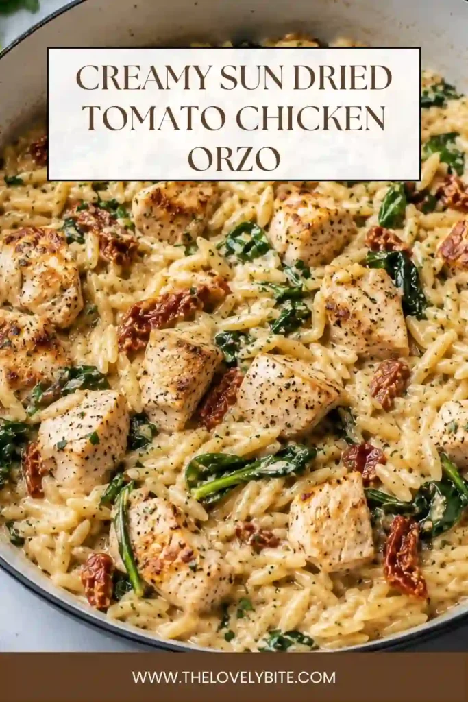 Creamy sun dried tomato chicken orzo served hot in a skillet with golden chicken pieces, tender orzo, fresh spinach, and Parmesan. The dish has a rich, creamy sauce and vibrant Mediterranean-inspired colors.
