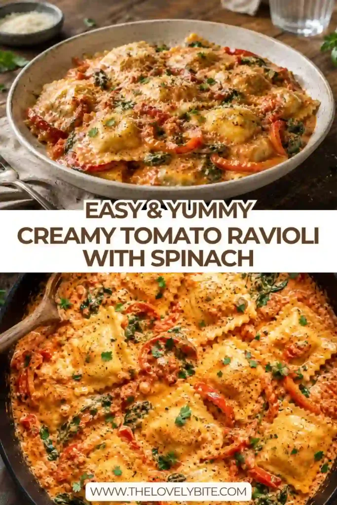 A comforting bowl of Creamy Tomato Ravioli with spinach, roasted tomatoes, Parmesan, and fresh parsley. The creamy tomato sauce coats each piece of ravioli for a rich and satisfying dinner.